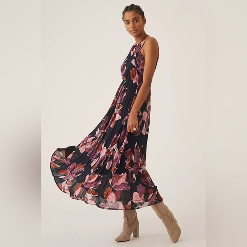 Anthropologie Navy Maxi Dress with Pink Floral Print